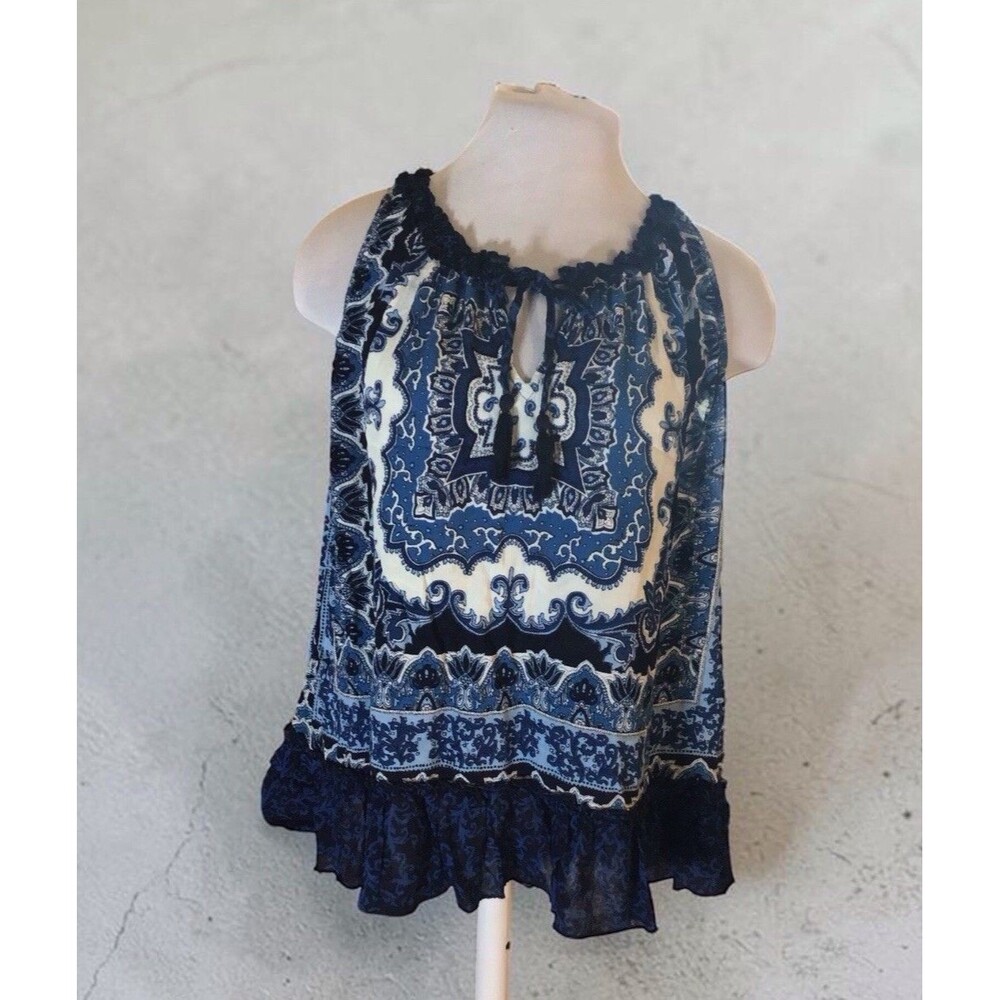 Boho Sleeveless Top Blue Floral, Size Large, Whimsygoth